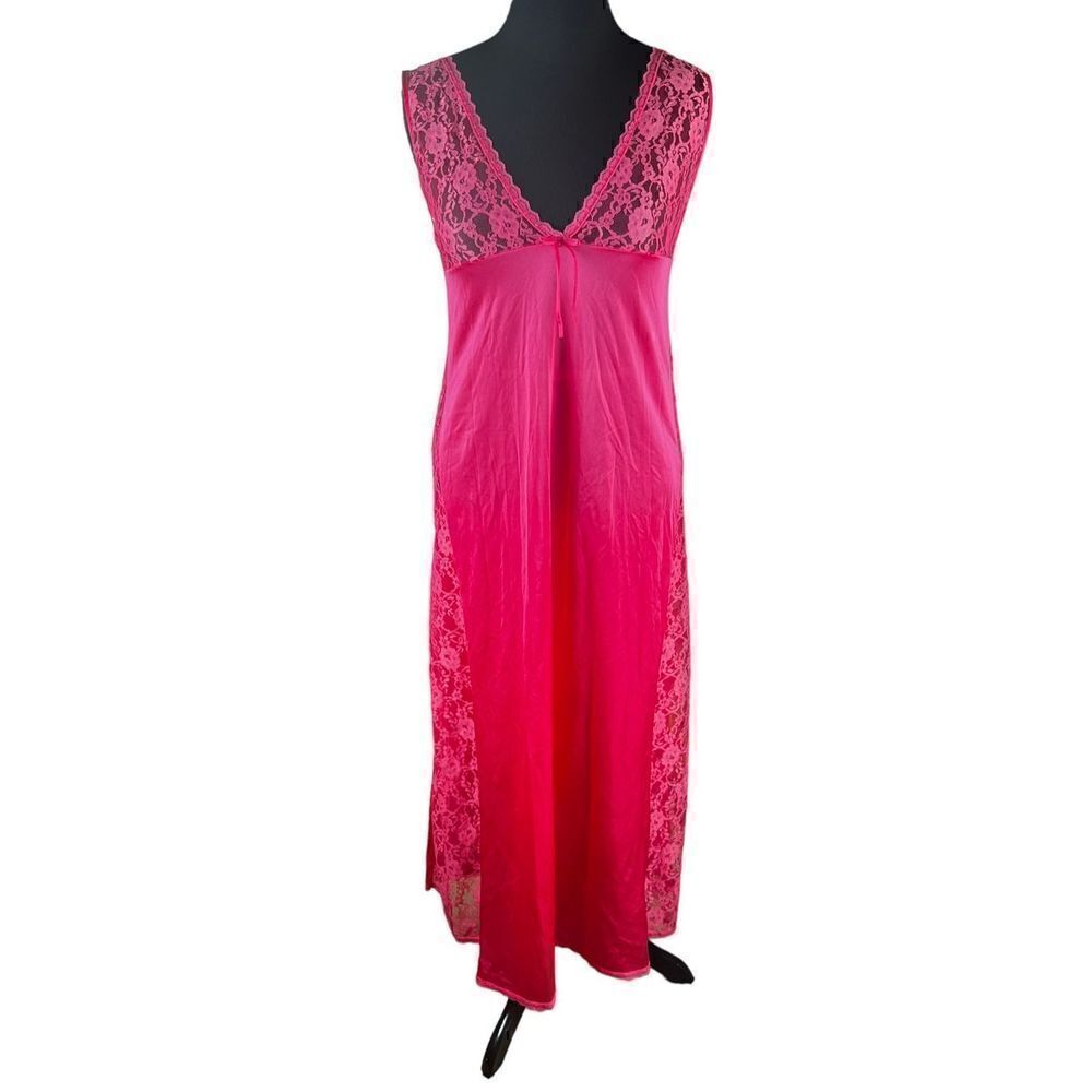 Vintage hot Pink Nylon Satin Lace Accent Lingerie Nightgown Slip Dress Women M